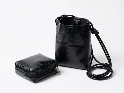 Midnight Black Mini Bucket Sling Bag with Knot Strap