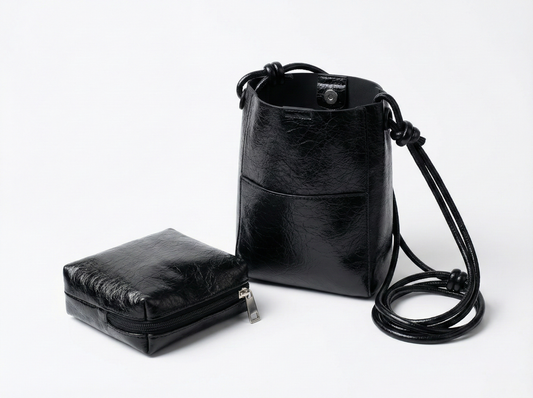 Midnight Black Mini Bucket Sling Bag with Knot Strap