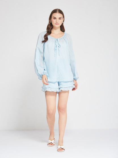 Sky Blue Relaxed Fit Co-Ord Set with Ruffle Shorts