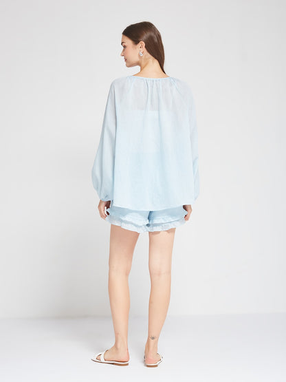 Sky Blue Relaxed Fit Co-Ord Set with Ruffle Shorts