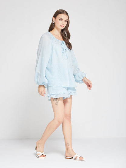 Sky Blue Relaxed Fit Co-Ord Set with Ruffle Shorts