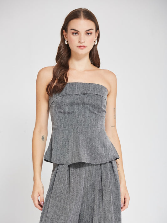 Grey Strapless Peplum Co-Ord Set with Wide Leg Trousers