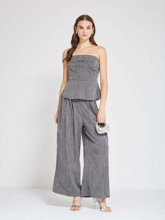 Grey Strapless Peplum Co-Ord Set with Wide Leg Trousers
