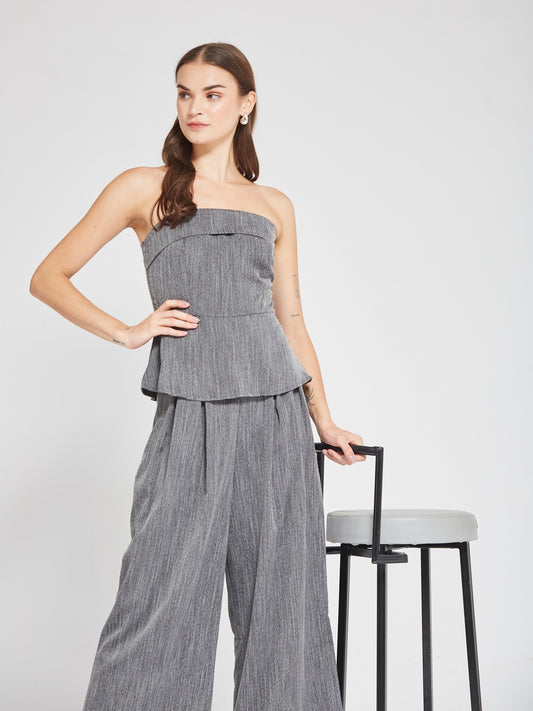 Grey Strapless Peplum Co-Ord Set with Wide Leg Trousers