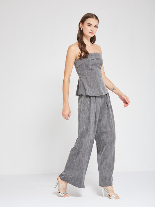 Grey Strapless Peplum Co-Ord Set with Wide Leg Trousers