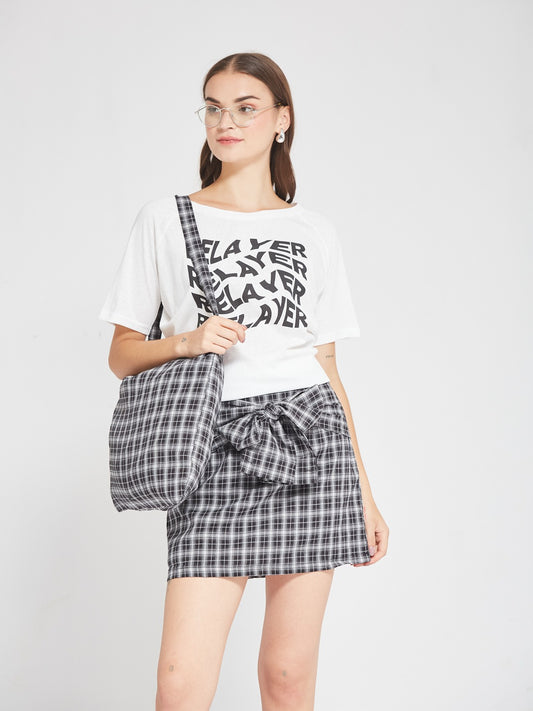 Grey Checkered Co-Ord Set with Graphic Tee & Tote Bag