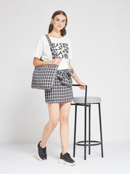 Grey Checkered Co-Ord Set with Graphic Tee & Tote Bag