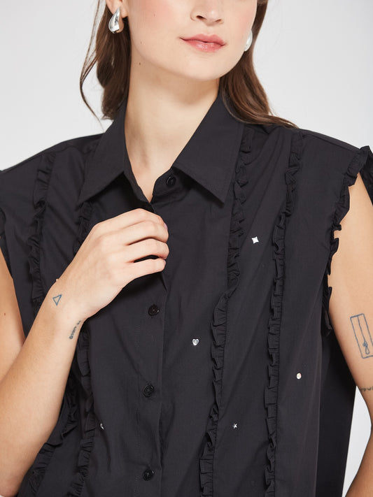 Black Ruffle Detail Sleeveless Longline Shirt
