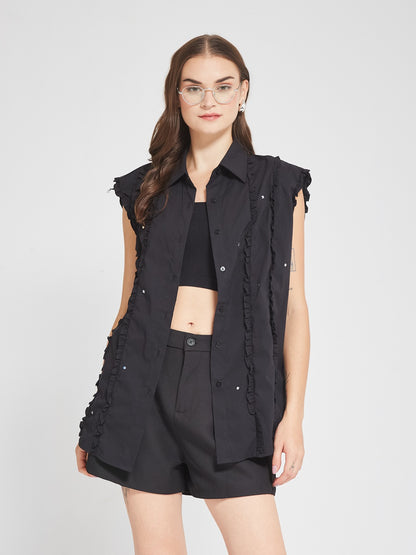 Black Ruffle Detail Sleeveless Longline Shirt