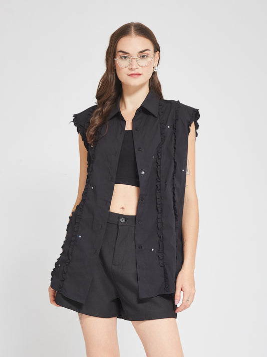 Black Ruffle Detail Sleeveless Longline Shirt