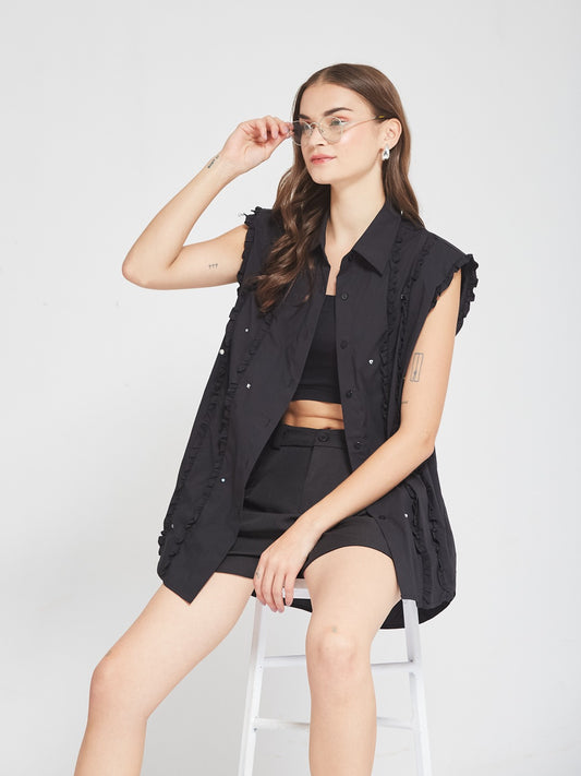 Black Ruffle Detail Sleeveless Longline Shirt