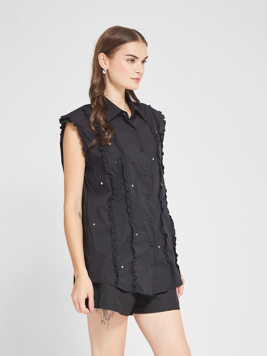 Black Ruffle Detail Sleeveless Longline Shirt