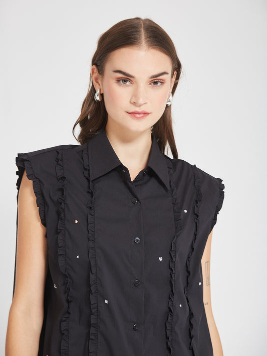 Black Ruffle Detail Sleeveless Longline Shirt