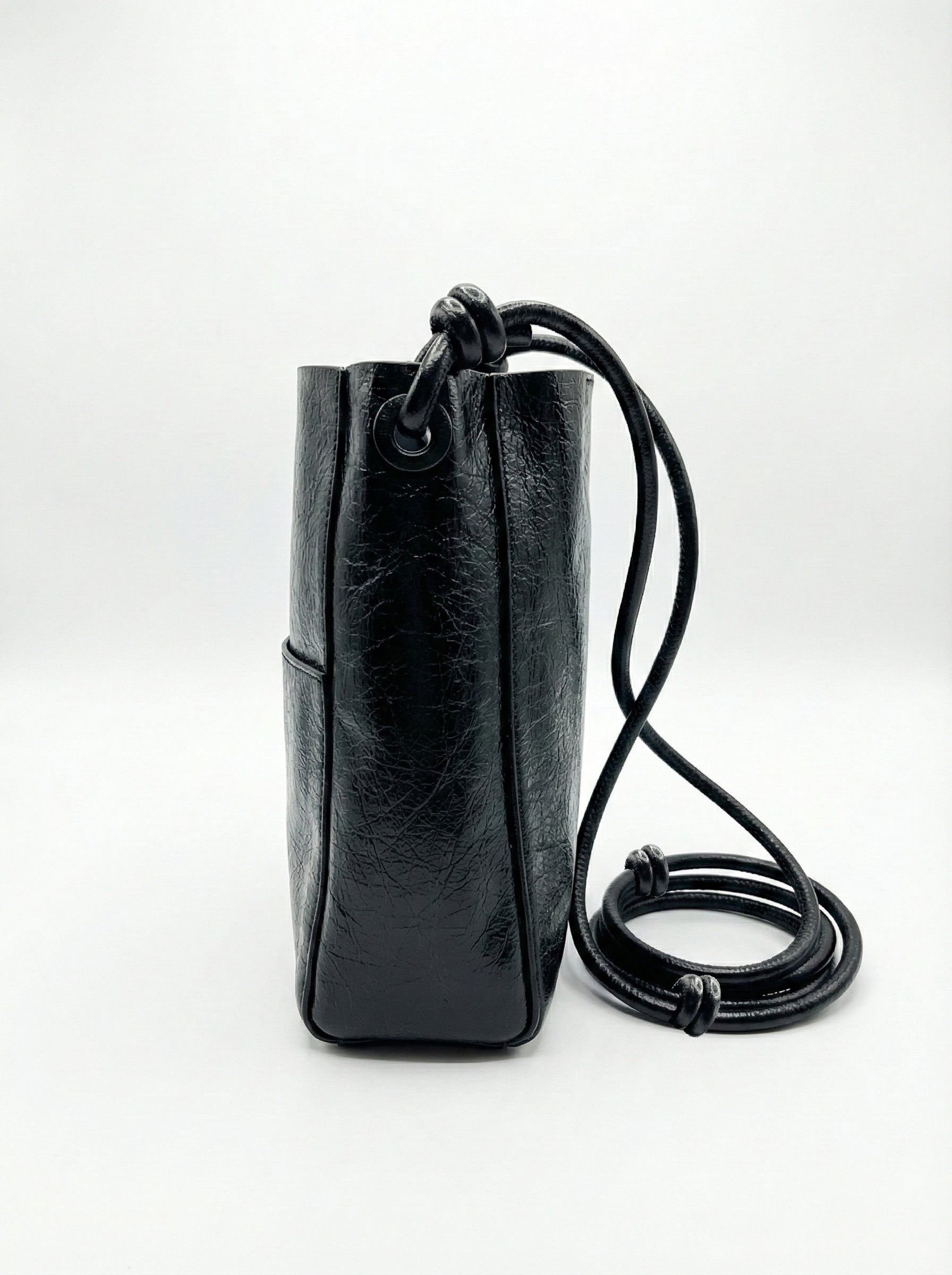 Midnight Black Mini Bucket Sling Bag with Knot Strap