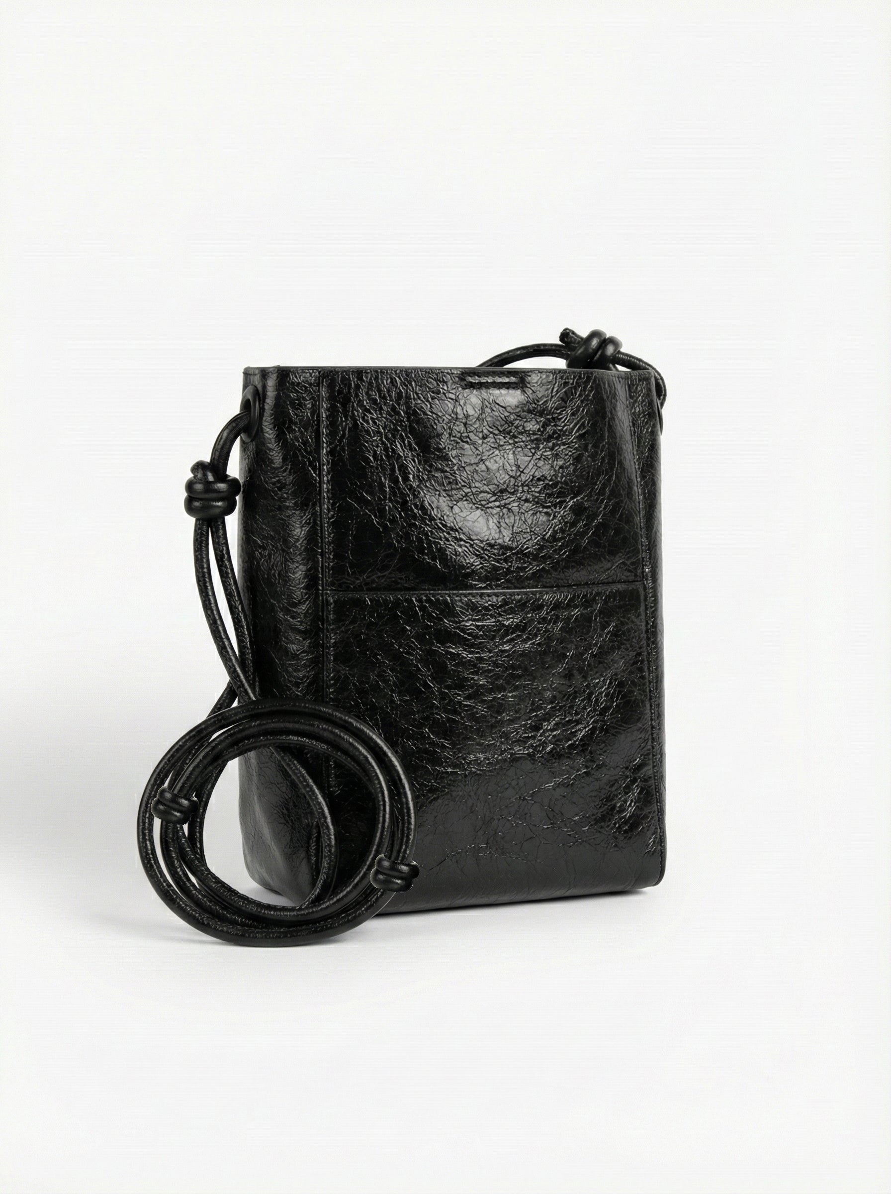 Midnight Black Mini Bucket Sling Bag with Knot Strap