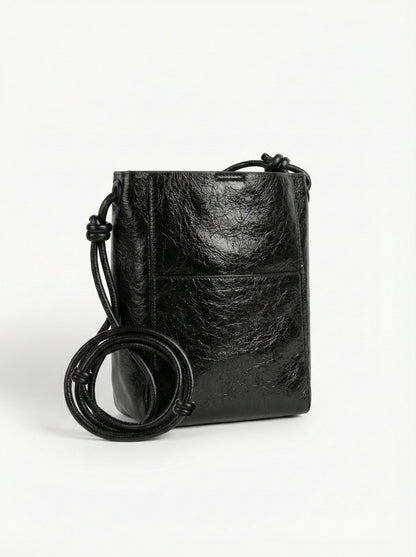 Midnight Black Mini Bucket Sling Bag with Knot Strap
