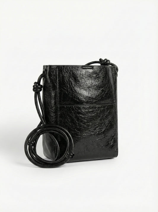 Midnight Black Mini Bucket Sling Bag with Knot Strap