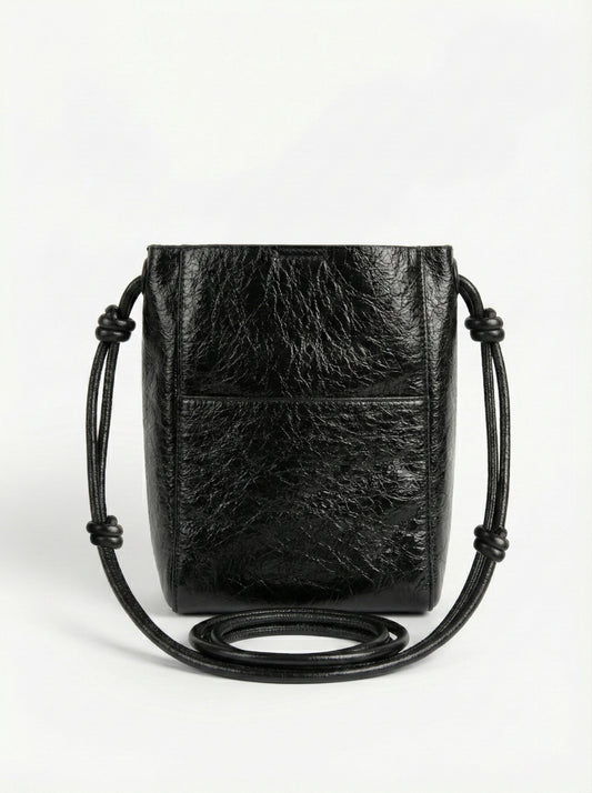 Midnight Black Mini Bucket Sling Bag with Knot Strap